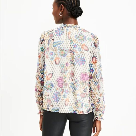 LOFT shimmer Vine smocked ruffle tie neck blouse size LP - Picture 4 of 11